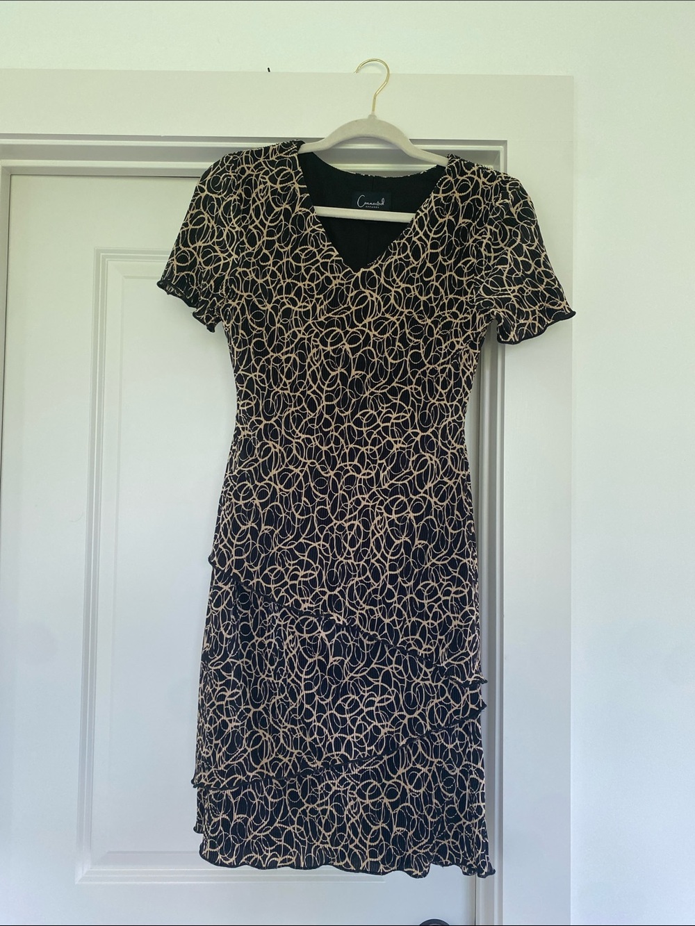 Black Dress with Beige Loop Print V-Neck